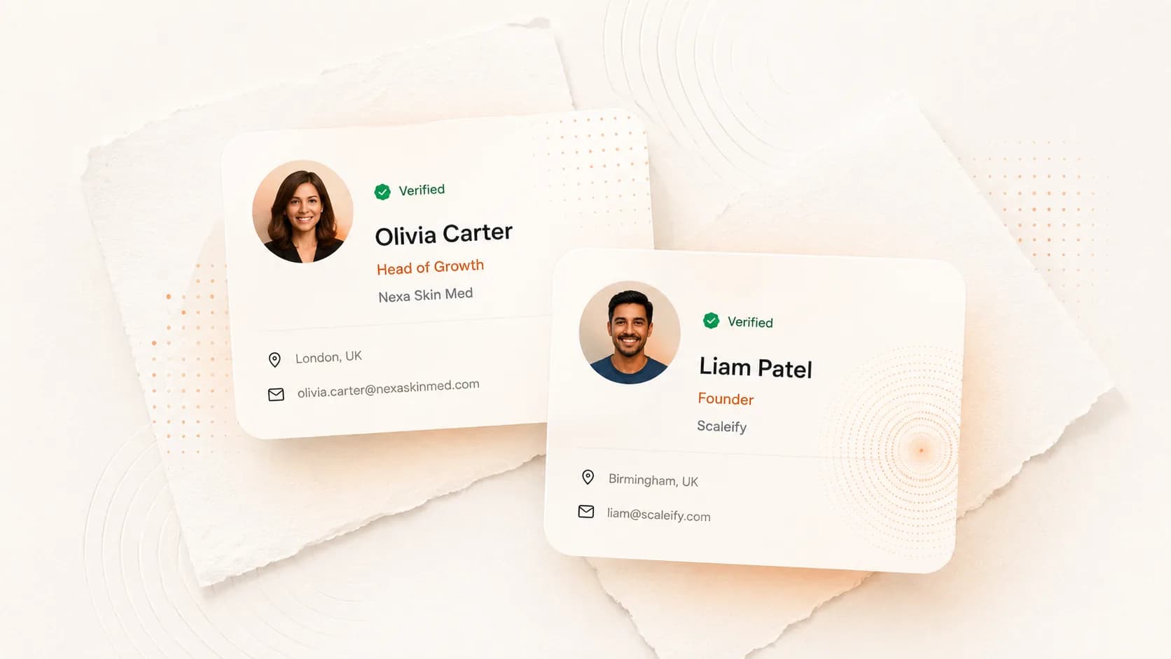 Two verified prospect contact cards showing name, role, company, location and confirmed email address