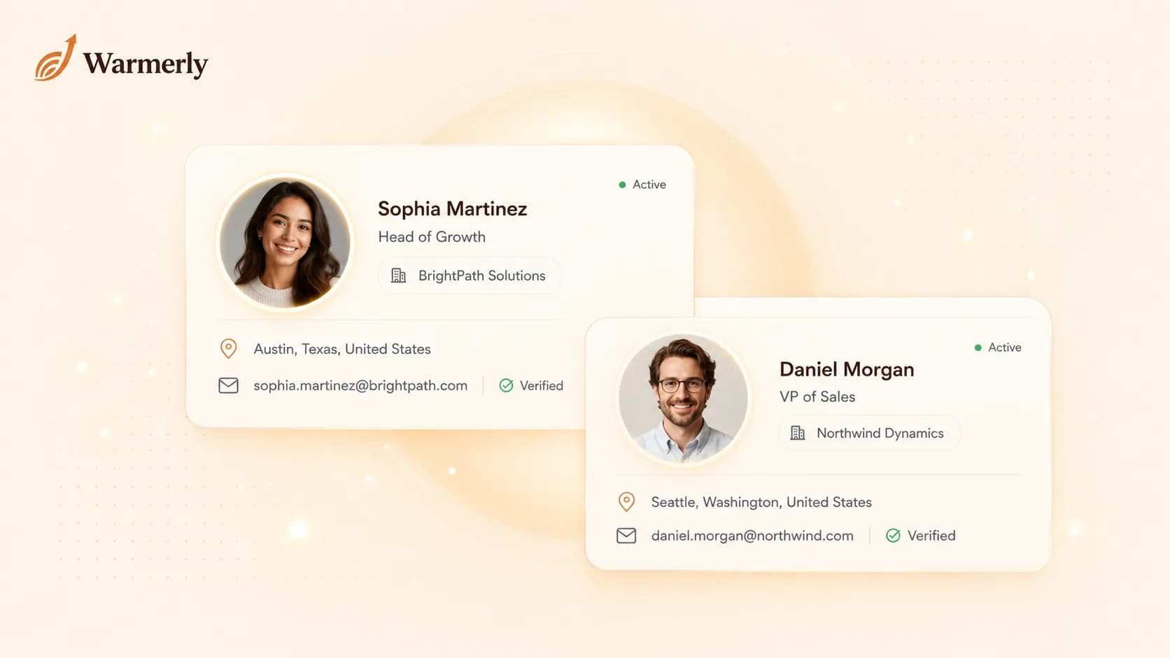 Two verified sender profiles with active mailbox status and confirmed identity details