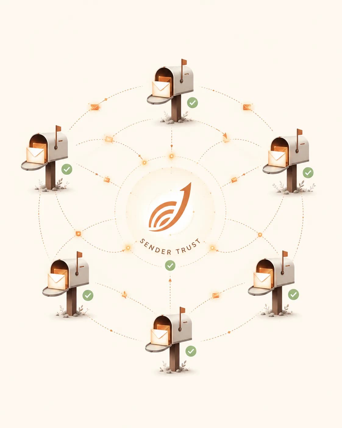 Six mailboxes arranged around a sender trust core, each verified and exchanging warmup mail