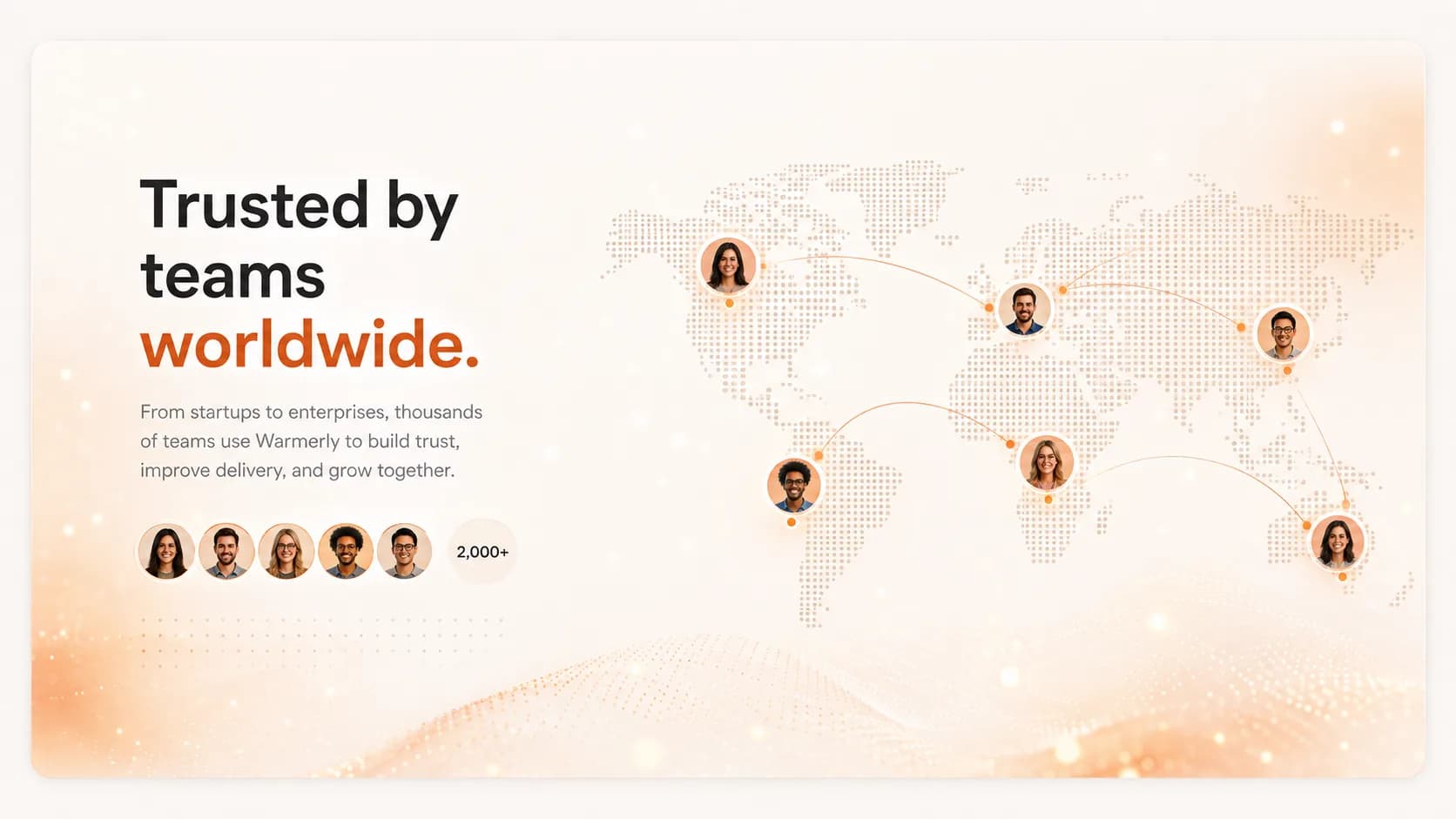 World map with sender avatars across continents, illustrating teams using Warmerly worldwide